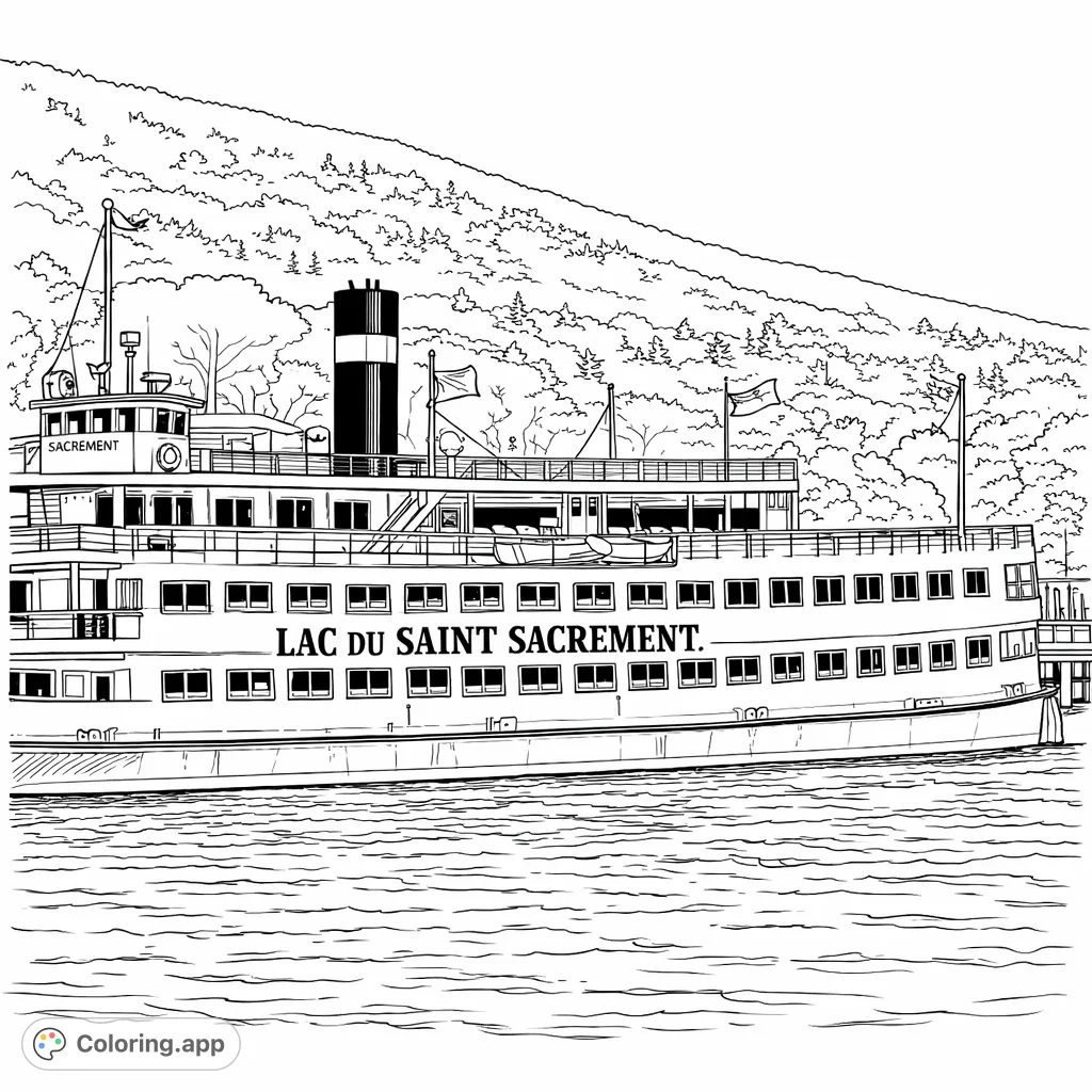 A majestic multi-deck lake cruise ship with detailed windows and prominent stack glides on rippled waters, set against a backdrop of a vast, tree-covered mountain.