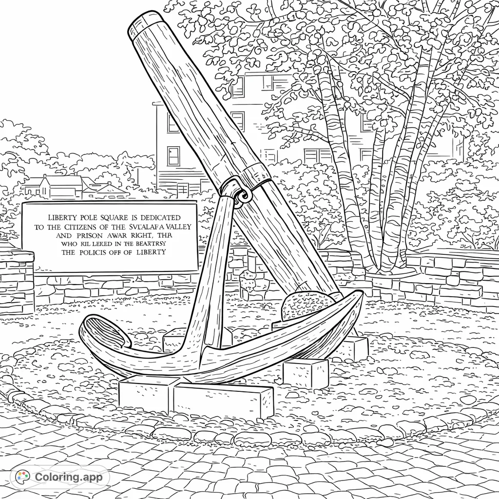 A grand maritime anchor monument featuring a rustic wooden shaft, set against a backdrop of trees and a memorial plaque, inviting detailed coloring.