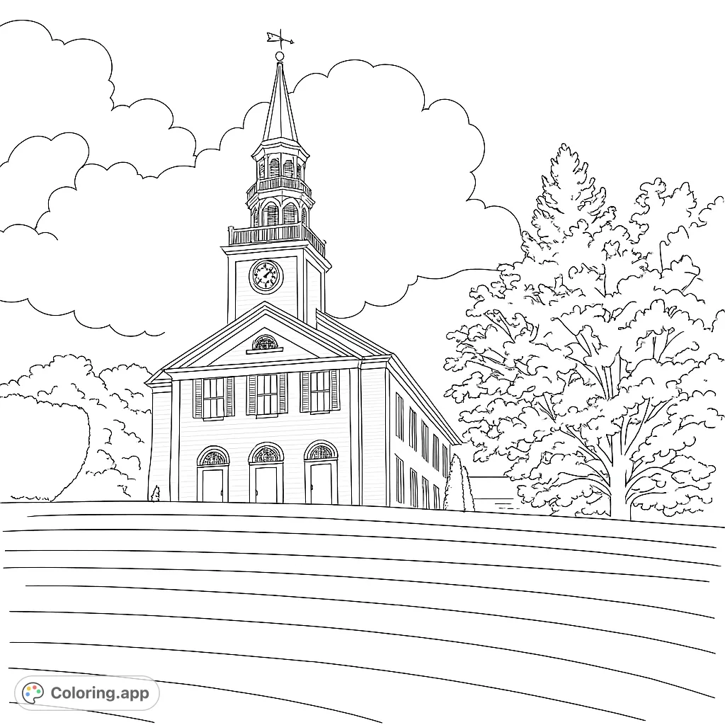 A charming classic church with a tall steeple, clock, and surrounding trees, set against a cloudy sky. A beautiful historic architecture coloring page.