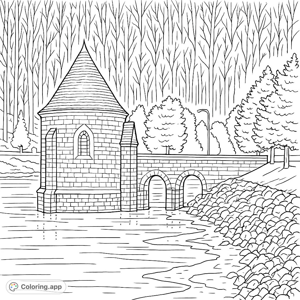 Explore a serene landscape featuring a historic stone tower, arched bridge, and a tranquil lake. A detailed nature and architecture coloring page for all ages.