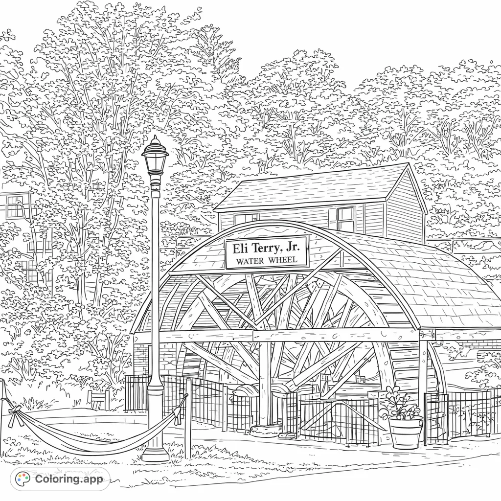 Explore a detailed historical water wheel, complete with a classic lamppost, surrounding foliage, and charming architectural elements. A fun challenge for all ages.