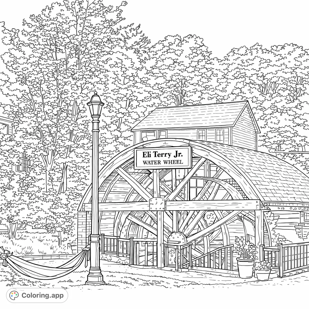 Color a historical water wheel, showcasing intricate wooden details, a classic street lamp, and a charming backdrop of trees and houses.