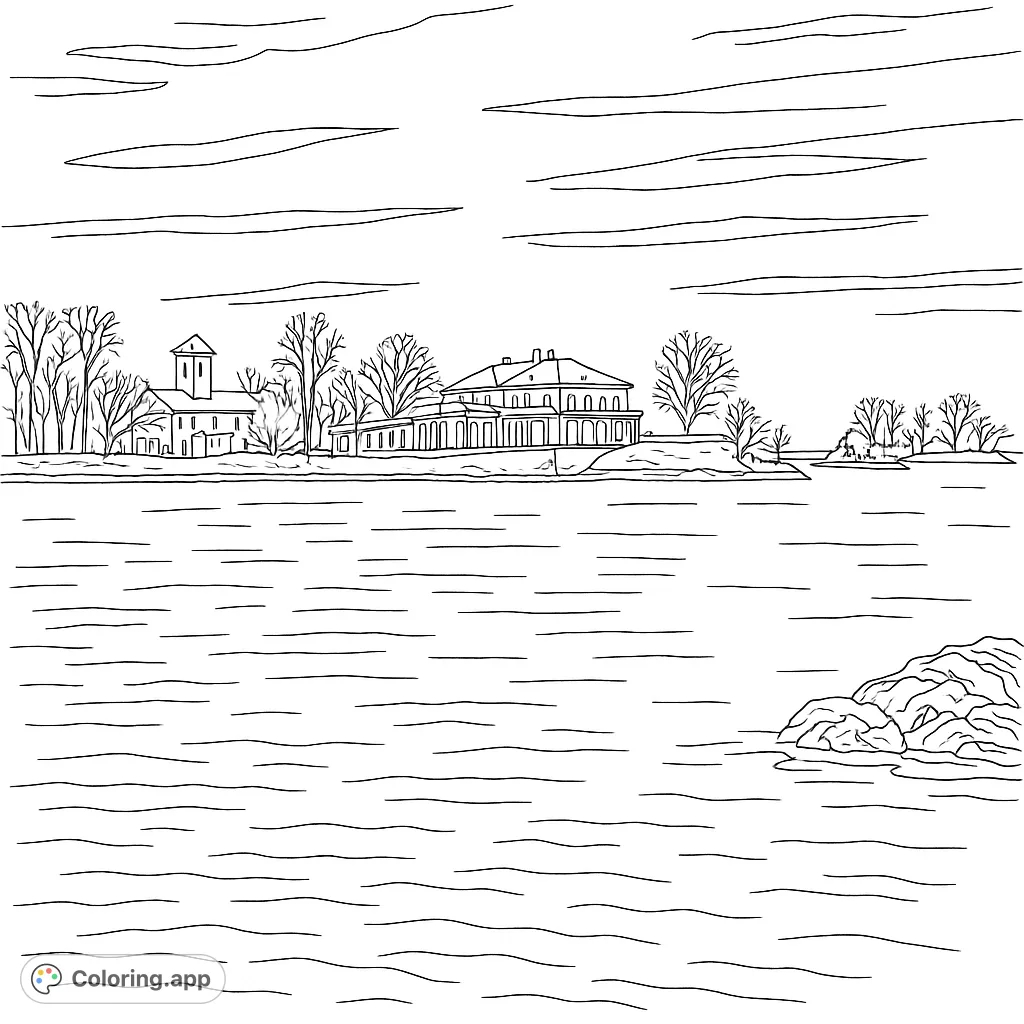 A beautiful lakeside estate coloring page featuring a grand building, bare trees, and rippling water. Perfect for a relaxing, detailed coloring experience.