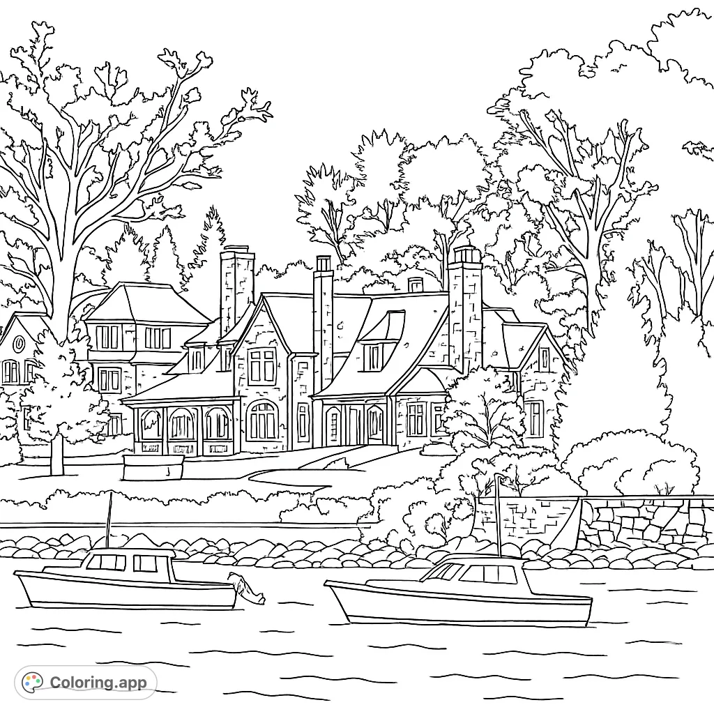 A grand lakeside mansion with boats and lush trees. A detailed architectural landscape for a relaxing coloring experience.