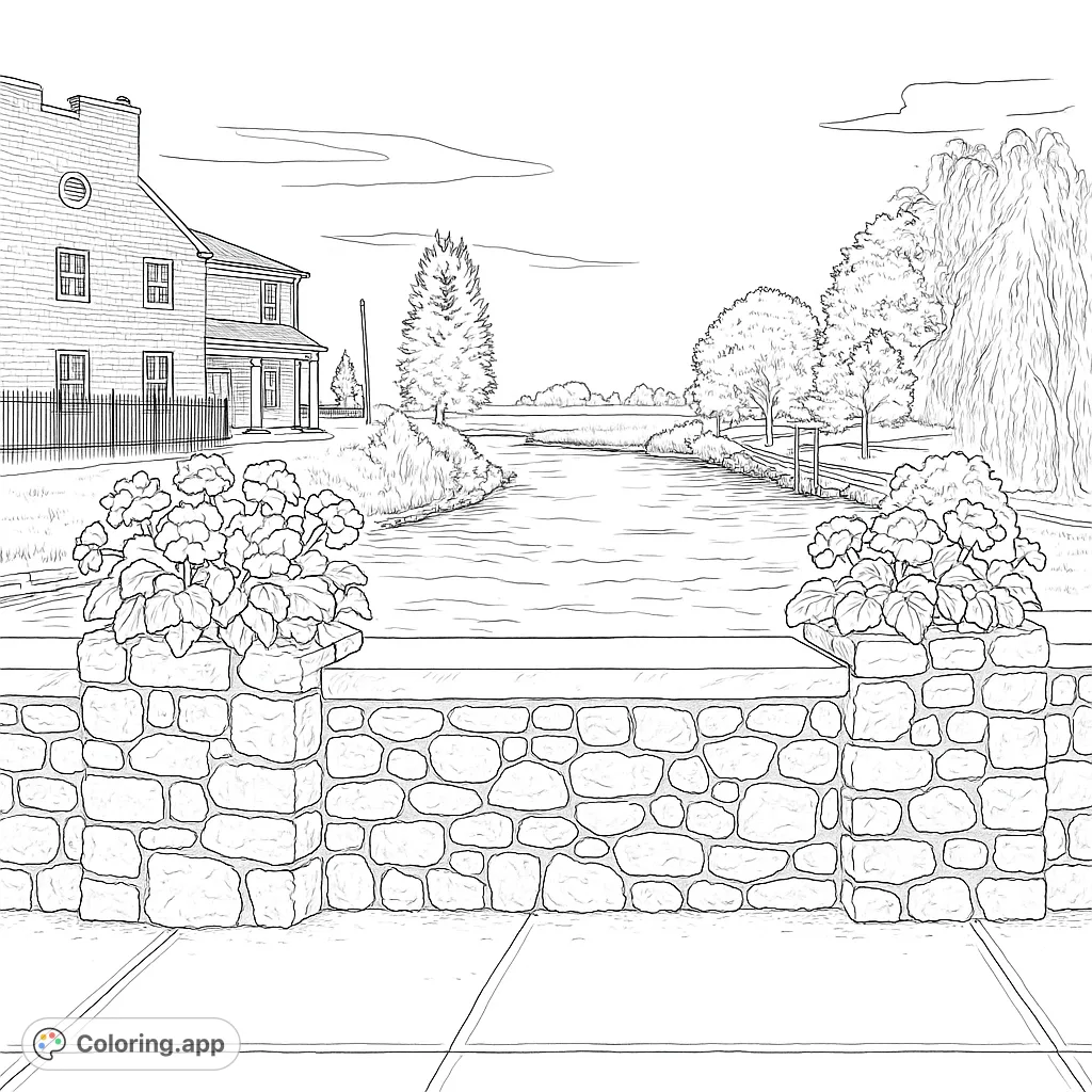 A peaceful riverside scene with a detailed stone wall, blooming flowers, a charming house, and lush trees. A serene nature coloring page.