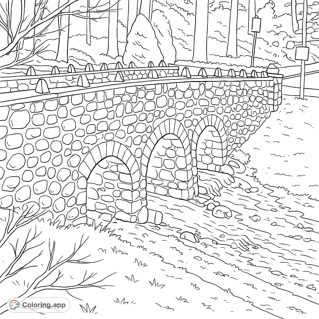 A detailed rustic stone bridge with arches over a flowing stream, set against a forest backdrop. A free printable nature coloring page for all ages.