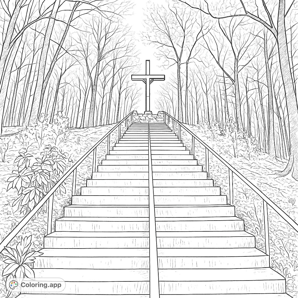 A serene forest scene with a long staircase leading to a prominent cross, perfect for a spiritual coloring journey.