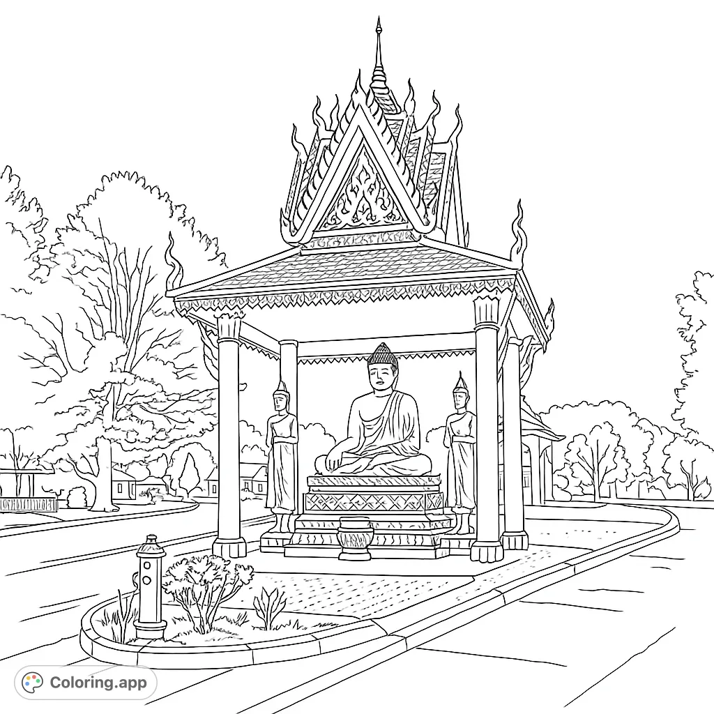 A detailed Buddhist temple coloring page featuring a serene seated Buddha statue under an ornate pavilion, flanked by standing figures, amidst lush trees.