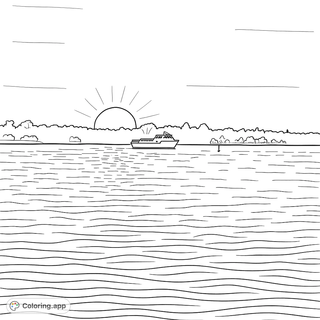 A peaceful sunset scene featuring a boat on calm waters with distant land and a setting sun. Perfect for a relaxing coloring experience.