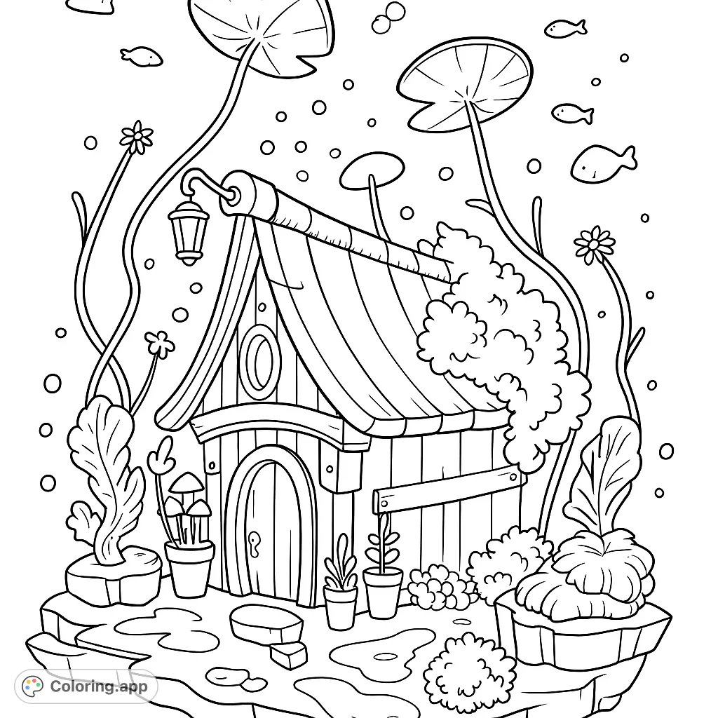 Discover a charming whimsical house nestled among lily pads and fish. A delightful free printable coloring page for kids and adults to explore.