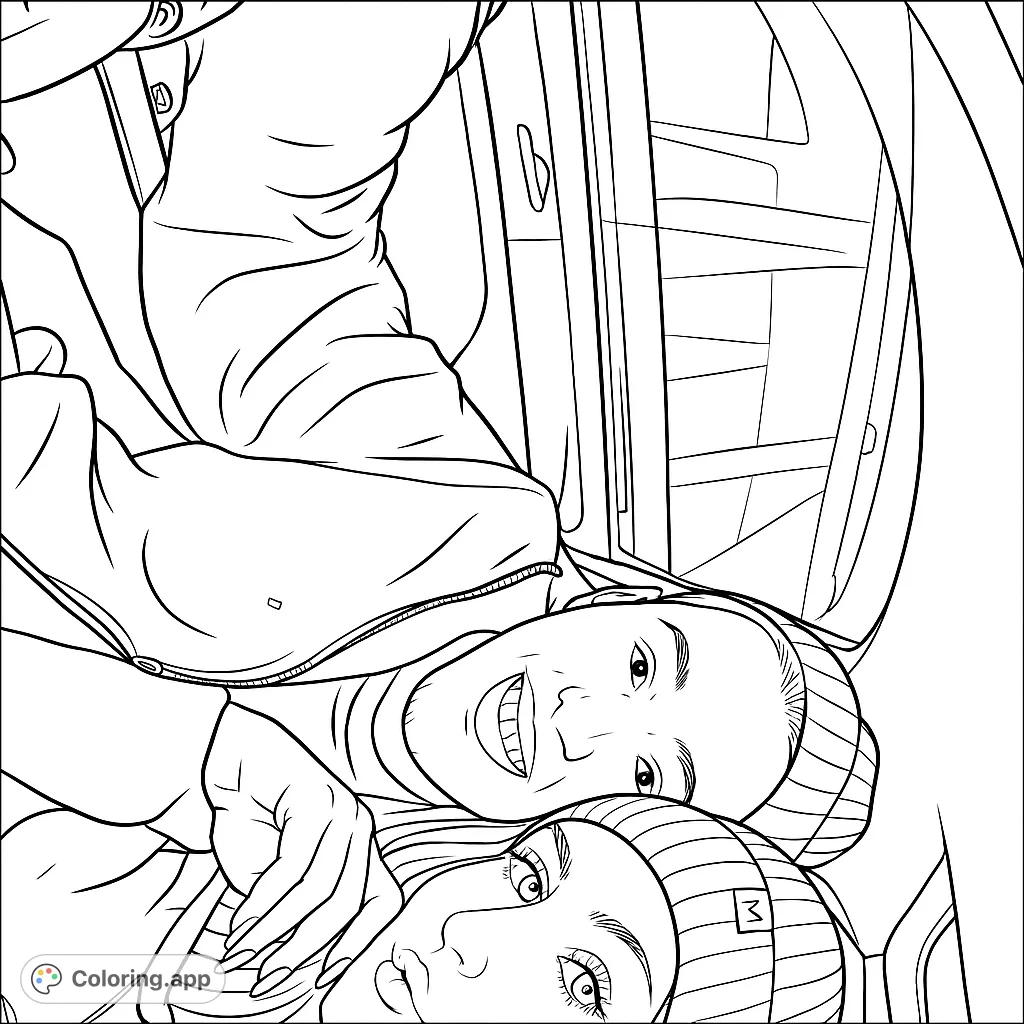 Capture a fun moment with this car selfie coloring page featuring two friends. A free printable coloring page for kids and adults to enjoy.