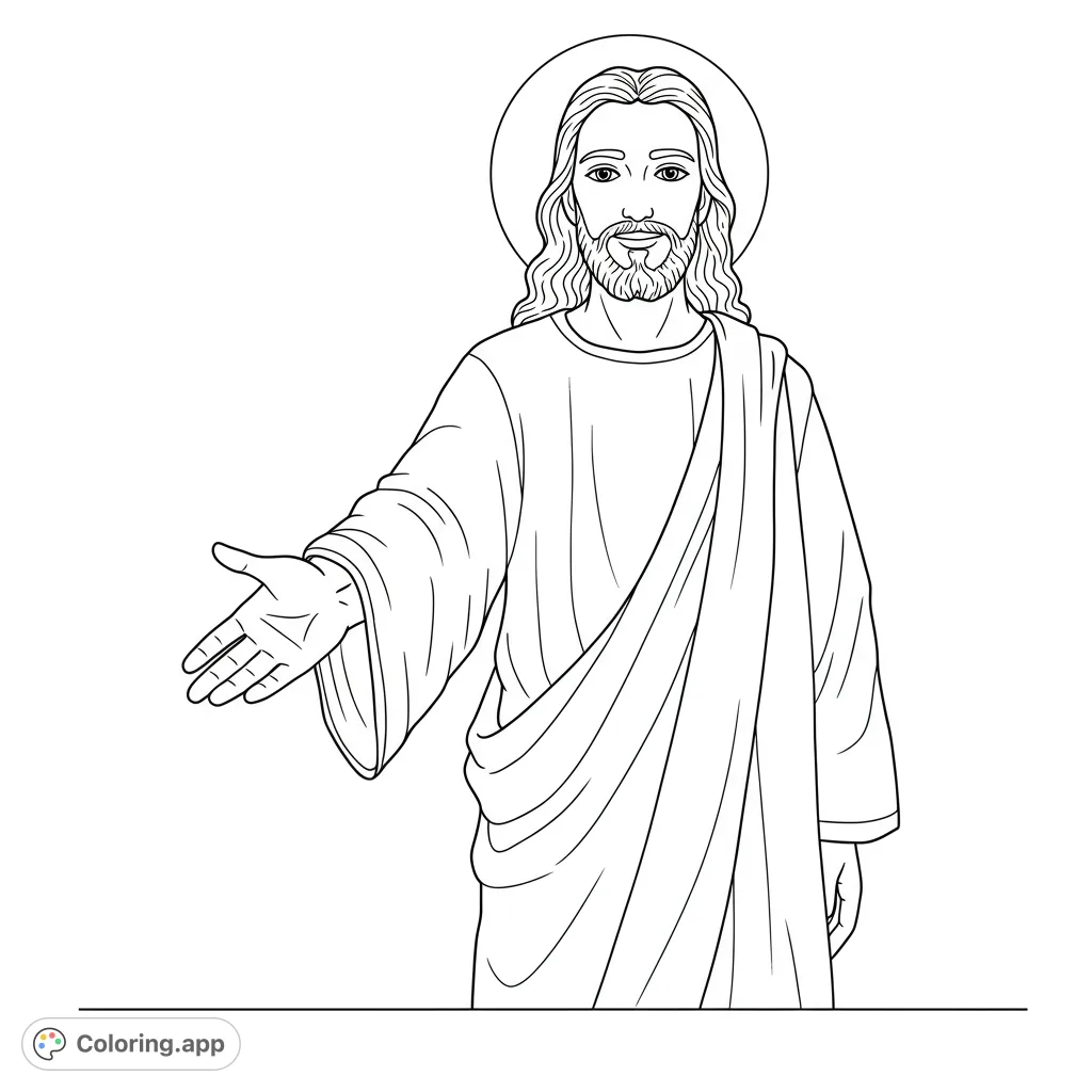 A serene Jesus Christ coloring page, extending a welcoming hand. Perfect for spiritual reflection and creative expression for all ages.