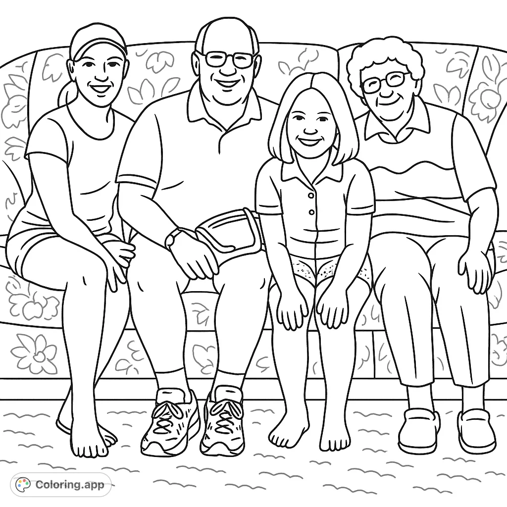 Four smiling family members, including a young girl and grandparents, sit on a patterned couch. Perfect for a heartwarming family coloring page.