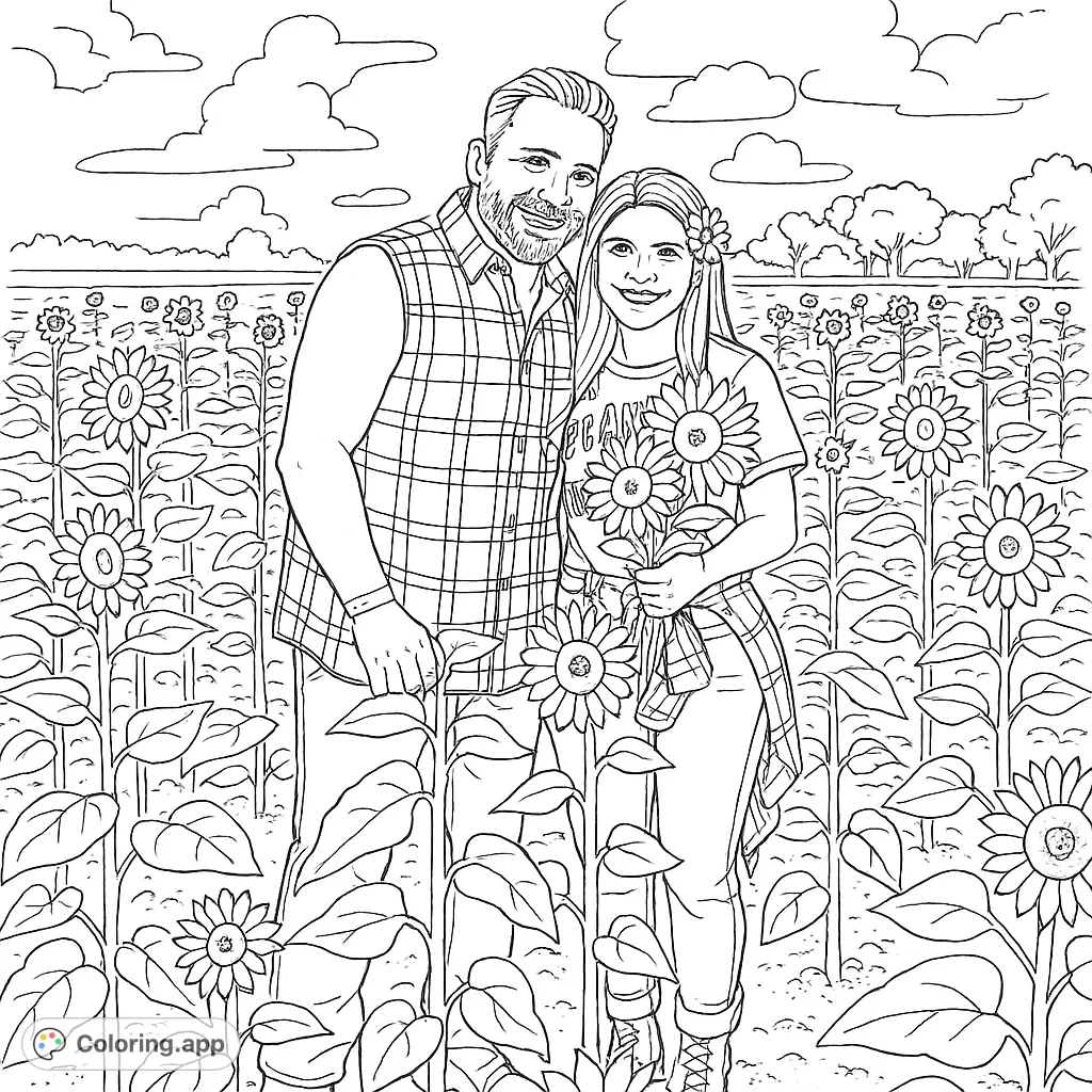 A joyful couple smiles amidst a vibrant sunflower field, perfect for a heartwarming coloring experience. Free printable sunflower field coloring page.