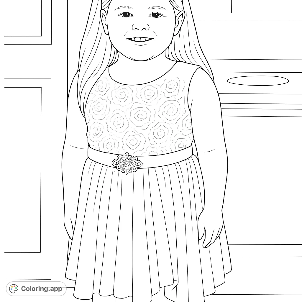 A delightful free printable girl coloring page featuring a smiling young girl in a beautiful rose-patterned dress, perfect for creative expression.