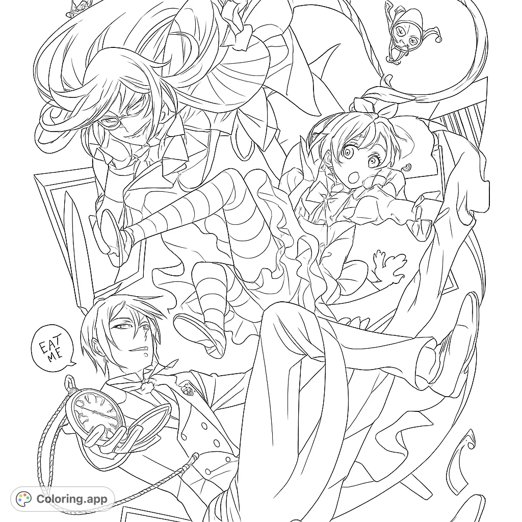 Dynamic anime-style characters tumble through a surreal Wonderland, surrounded by whimsical objects. A free printable fantasy adventure coloring page.