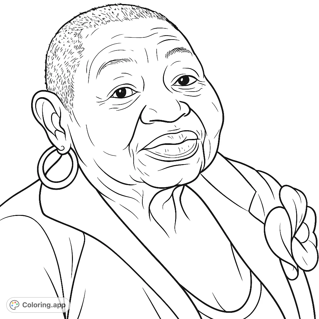 A captivating portrait of an elderly woman, featuring her expressive face, textured hair, and elegant attire. A free printable portrait coloring page.