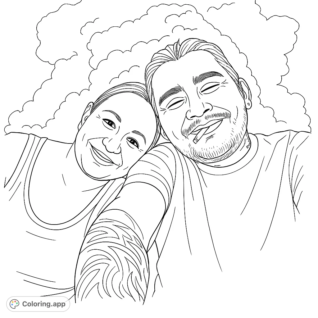 A heartwarming couple portrait coloring page featuring two smiling individuals in a selfie pose, with a detailed arm tattoo and fluffy clouds.