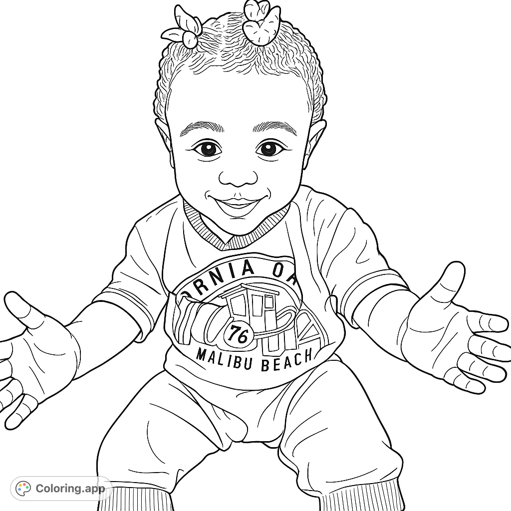 An adorable baby with a sweet smile and outstretched arms, wearing a "Malibu Beach" shirt. A heartwarming free printable baby coloring page for all ages!