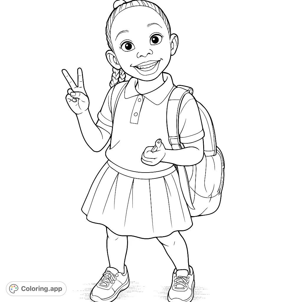 A cheerful young student with a backpack makes a peace sign, ready for school. A delightful free printable coloring page for kids.