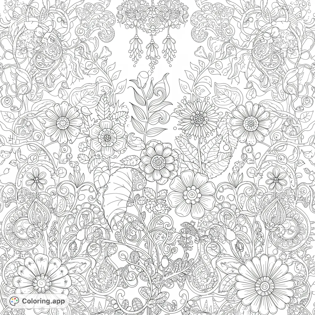 Explore an intricate botanical garden coloring page, filled with detailed flowers, leaves, and swirling patterns for a relaxing creative escape.