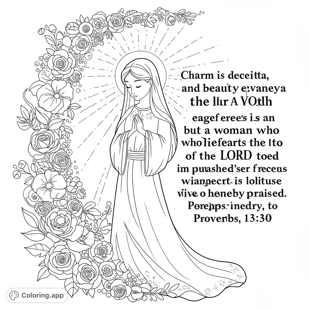 A beautiful Virgin Mary coloring page, framed by intricate roses, perfect for peaceful reflection and spiritual coloring.