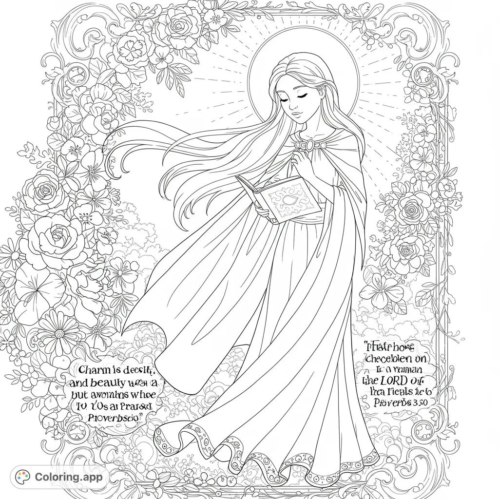 A serene woman reads a book, framed by intricate flowers. A beautiful spiritual woman coloring page for peaceful reflection.