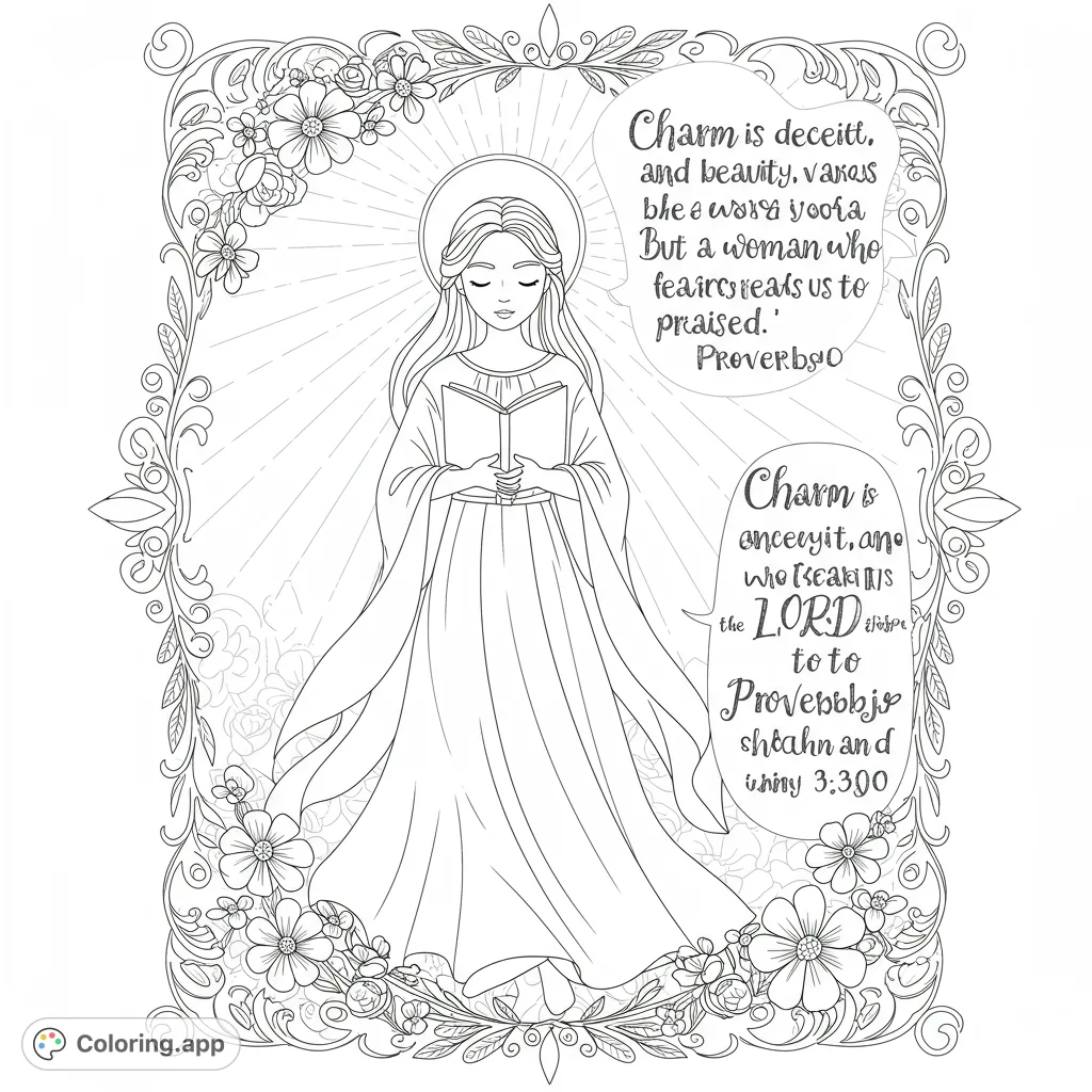 A serene woman holds a book, framed by intricate flowers and radiating light, perfect for peaceful coloring and reflection.