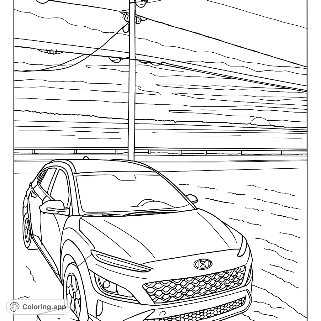 A sleek modern car on a road with a utility pole, set against a beautiful horizon with a low sun and patterned sky. Perfect for car enthusiasts.