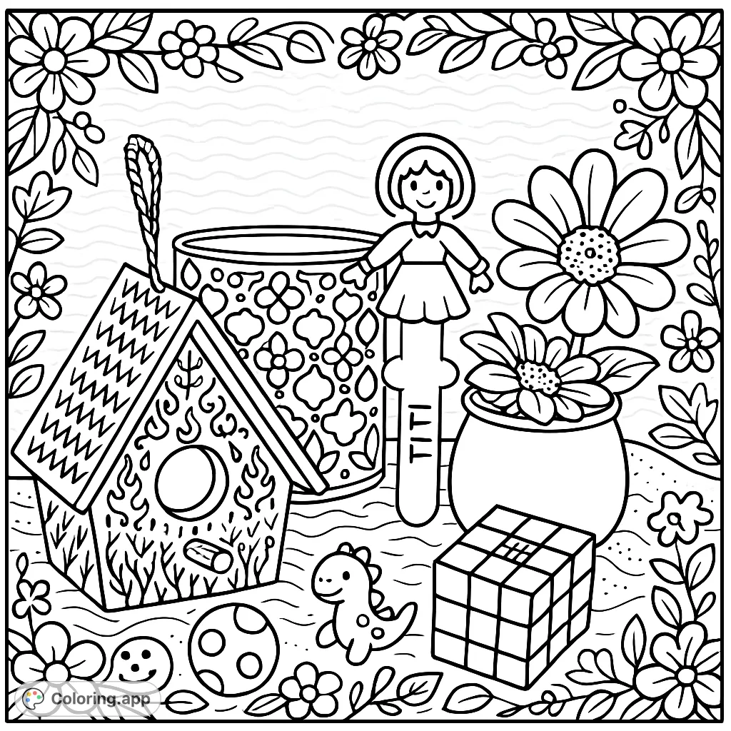 A delightful still life featuring a decorative birdhouse, a whimsical doll, and a puzzle cube, set against a window with blinds. Perfect for creative coloring.