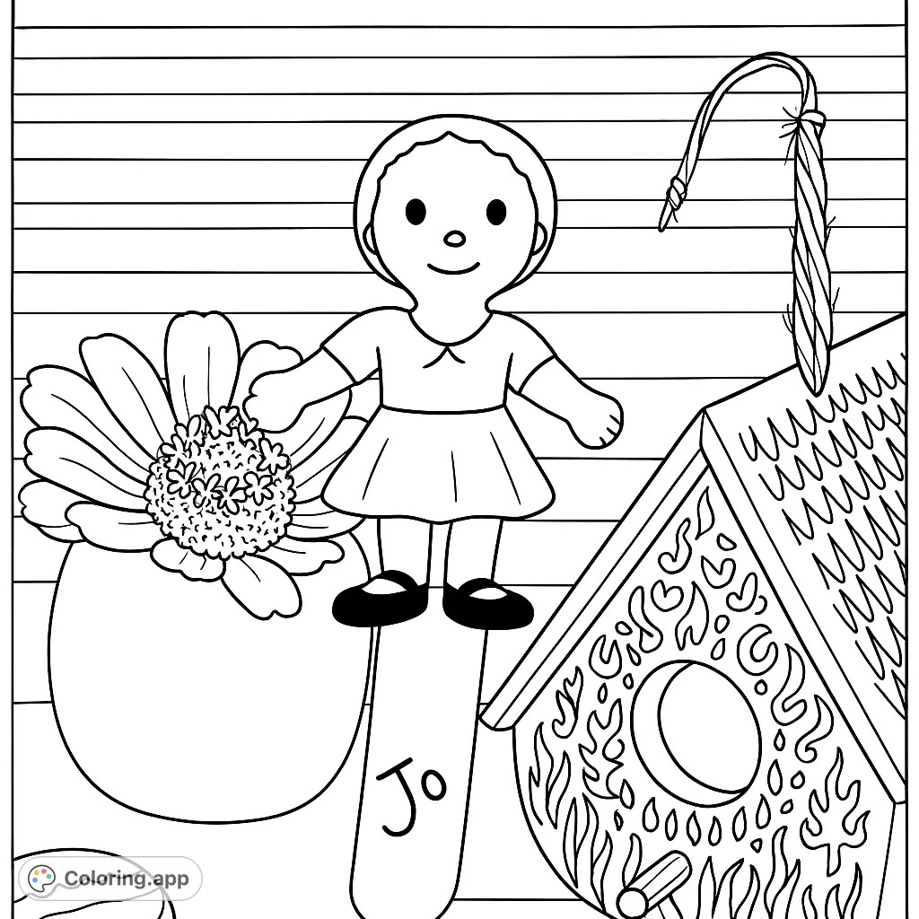 A charming scene featuring a wooden doll, a vibrant flower in a pot, and a decorative birdhouse, perfect for a delightful coloring experience.