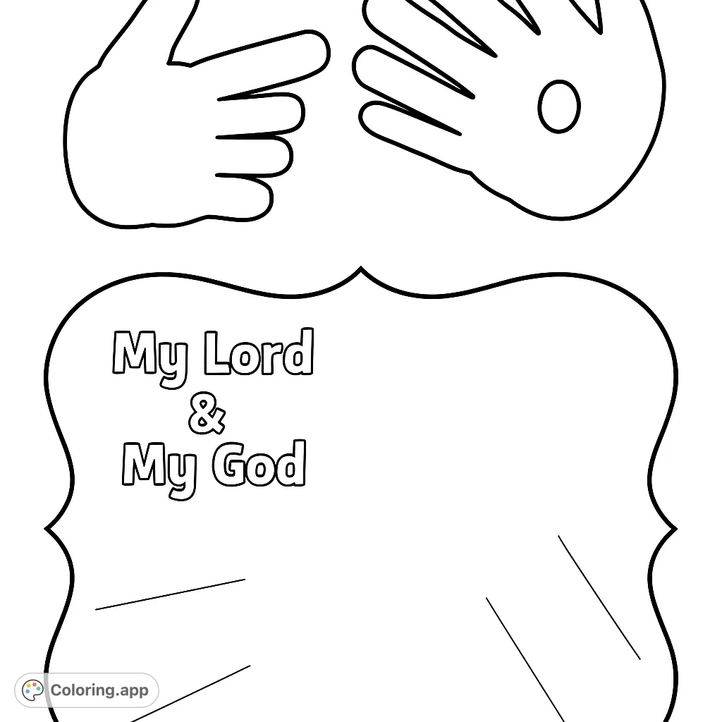 A spiritual coloring page featuring two symbolic hands and a decorative plaque, offering a serene space for reflection and personalization.