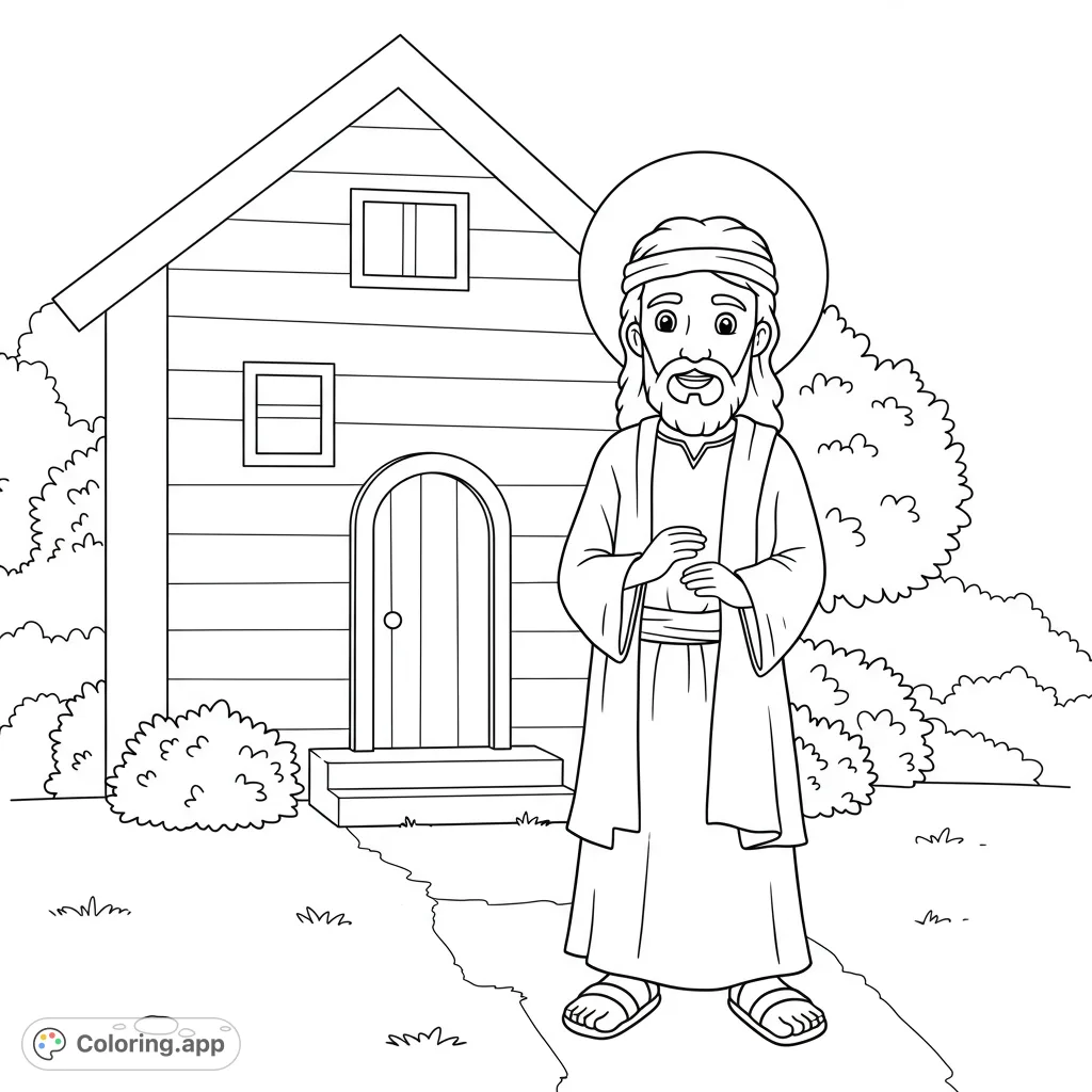 A peaceful man with a halo stands before a charming house, perfect for a serene religious coloring page. Ideal for quiet reflection.