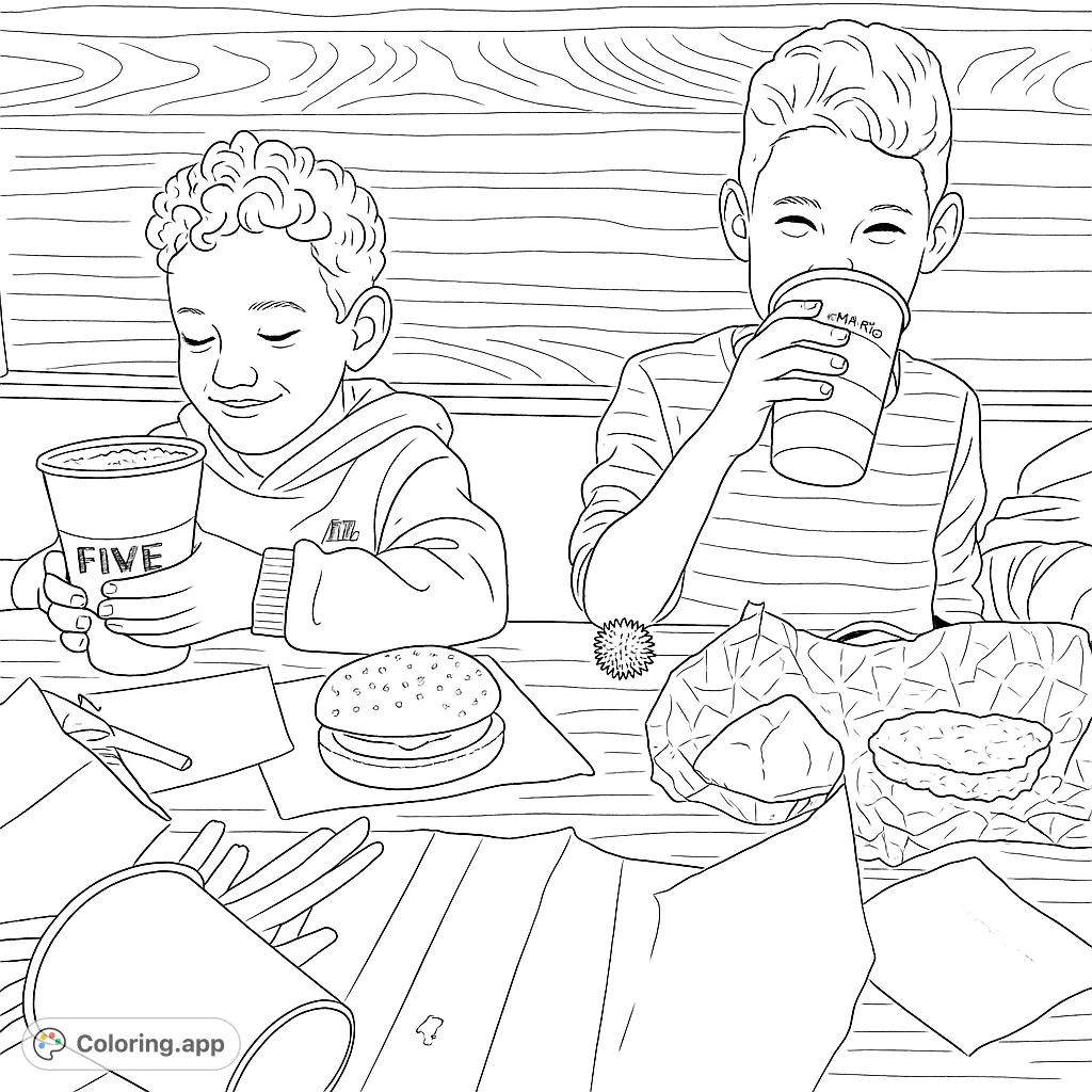 Two happy boys enjoy a fast food meal with burgers, fries, and drinks. A fun, detailed scene perfect for a free printable coloring page.