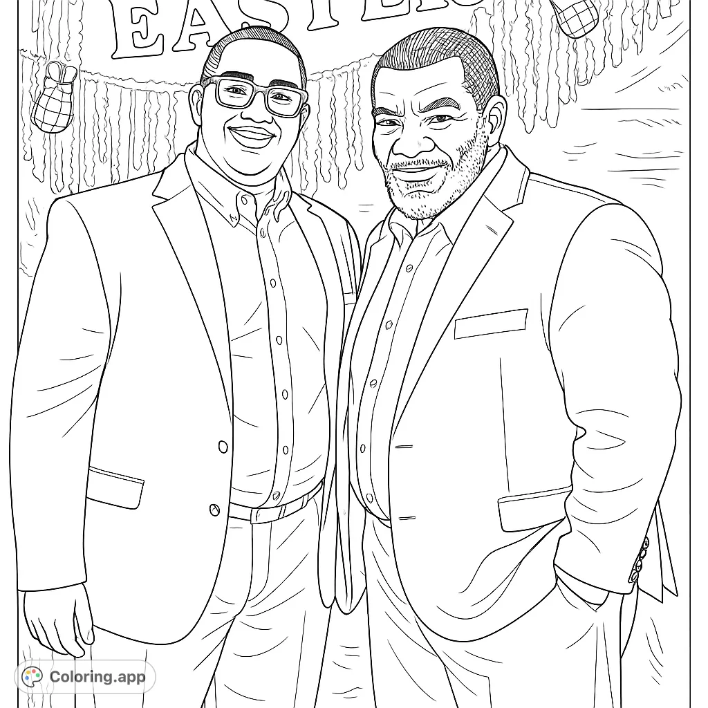 Celebrate with this joyful Easter portrait featuring two smiling men. A free printable Easter coloring page for all ages.
