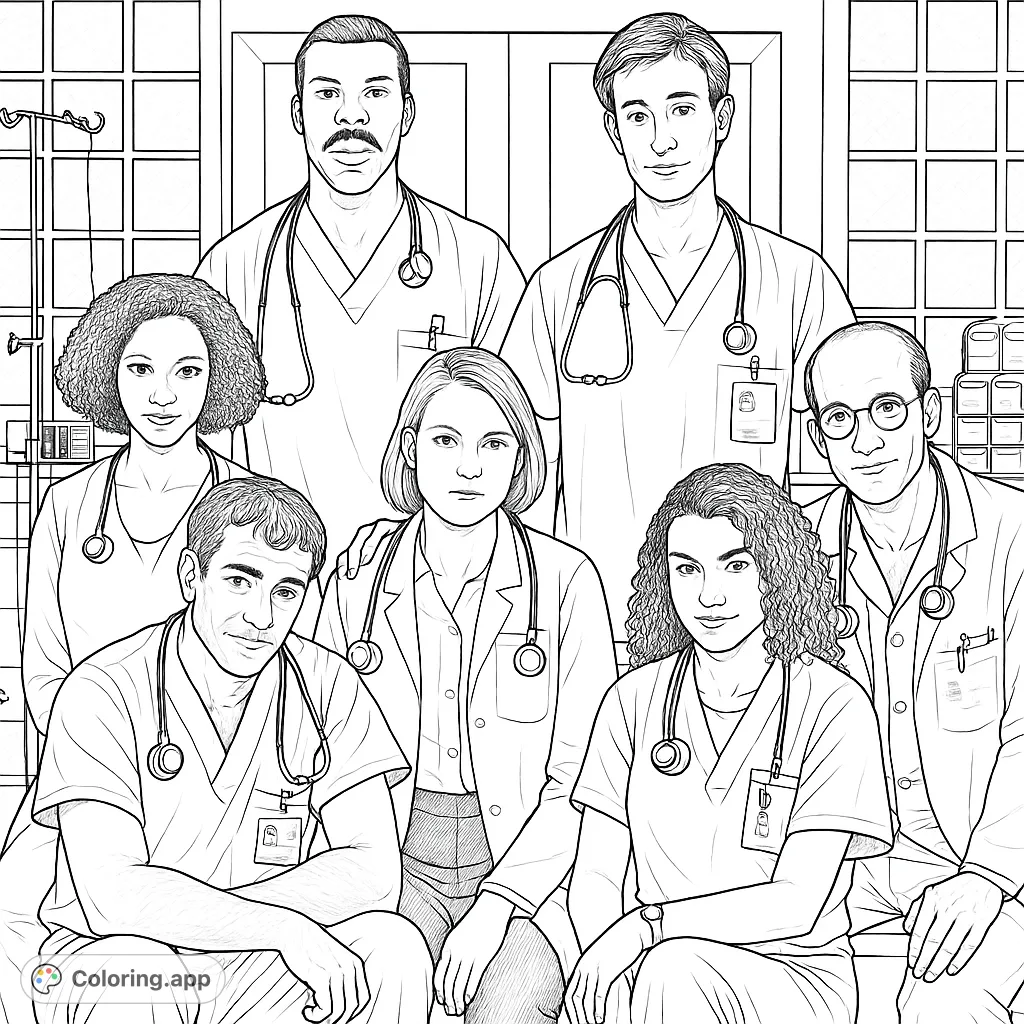 A dedicated team of medical professionals, including doctors and nurses, ready to be brought to life with your colors. A free printable healthcare hero coloring page.