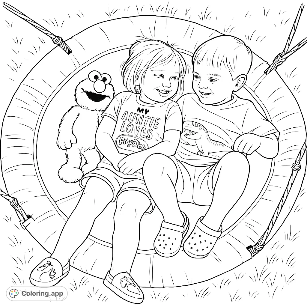 Two happy children and a plush toy share a tire swing, smiling in a delightful outdoor scene. A charming free printable coloring page for kids.