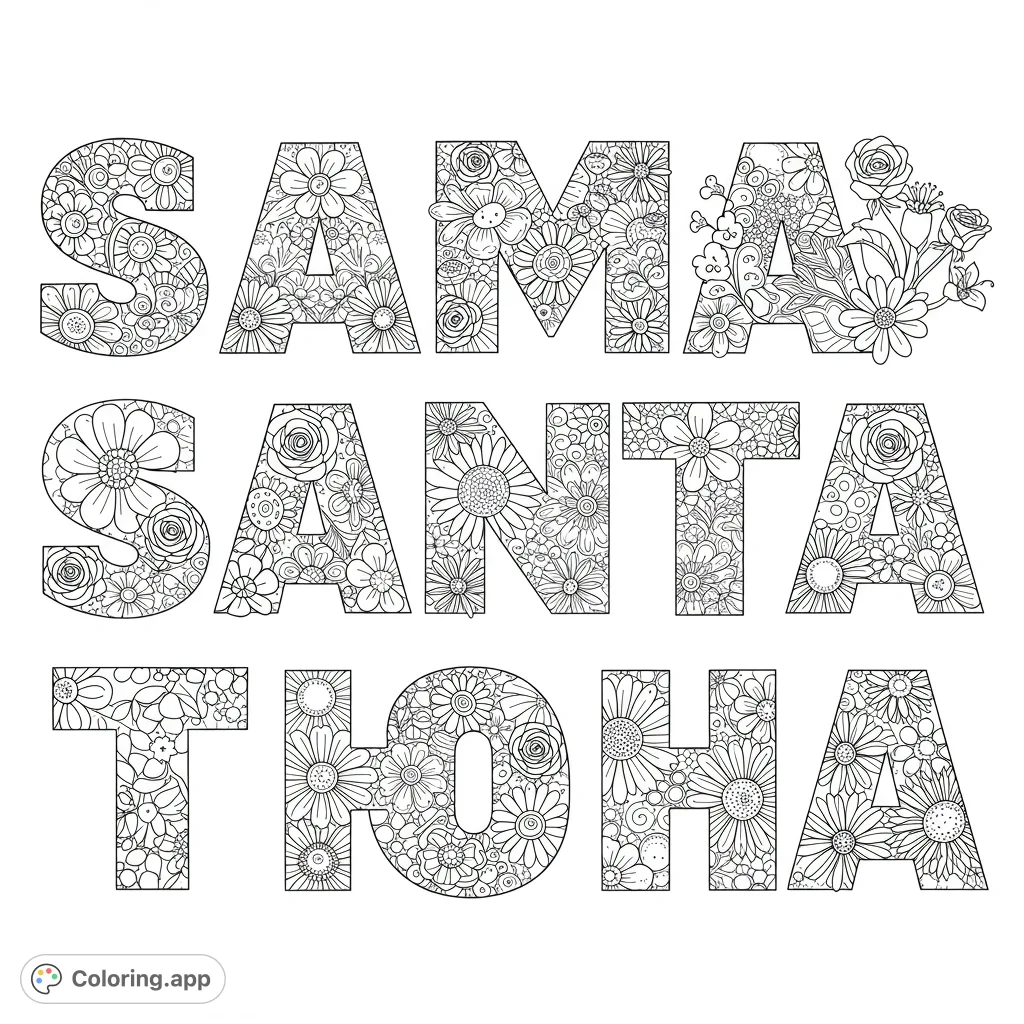 An intricate floral lettering coloring page featuring the words 'SAMA SANTA TJOHA' filled with detailed flowers and vines. A free printable coloring page for adults.