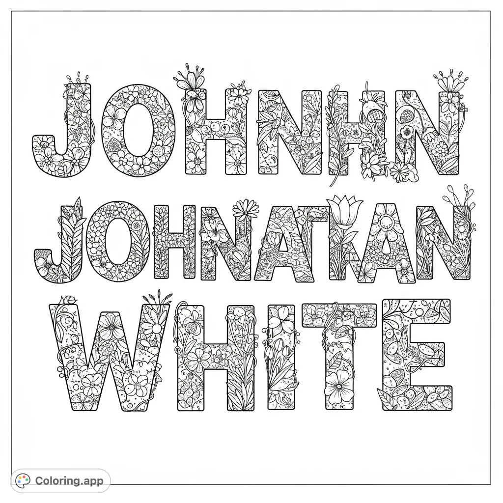 Intricate floral patterns fill bold letters spelling names, offering a detailed and beautiful botanical coloring experience for all ages.