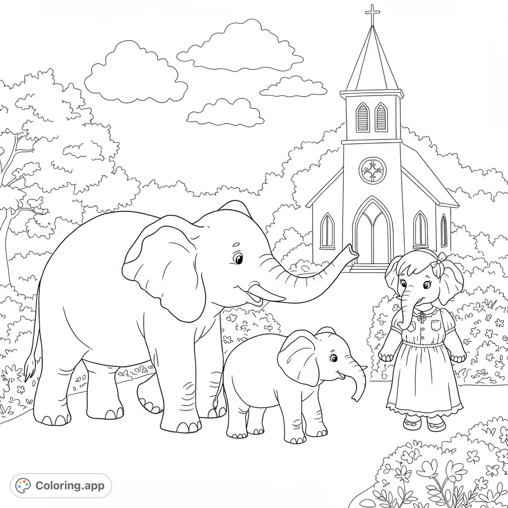 A charming elephant family, including a baby and a girl in a dress, stands near a classic church. A delightful free printable elephant coloring page.