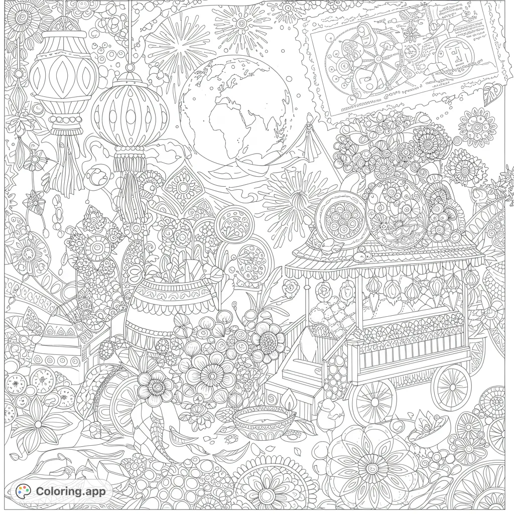 An intricate Indian festival scene featuring ornate lanterns, a detailed food cart, a glowing diya, and a globe, perfect for advanced colorists.