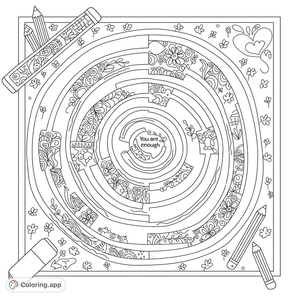 An intricate mindful maze coloring page with beautiful floral patterns and a central 'You are enough' affirmation, perfect for relaxation.