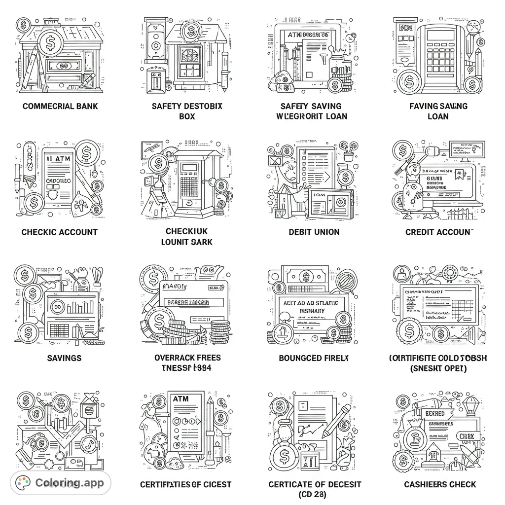 Explore 16 detailed banking and finance line art illustrations, perfect for learning and creative coloring. A free printable finance coloring page.