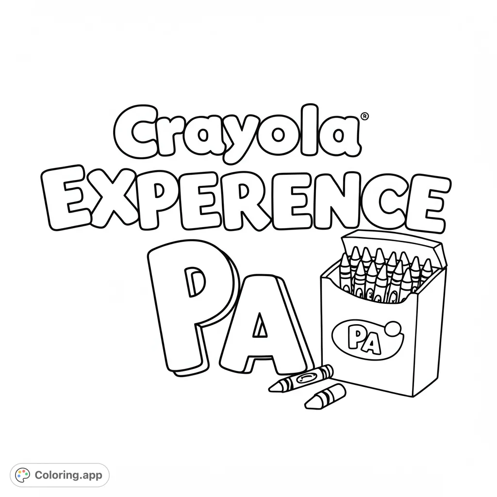 A fun Crayola Experience PA coloring page featuring bold letters and a box of crayons, perfect for creative kids and adults.