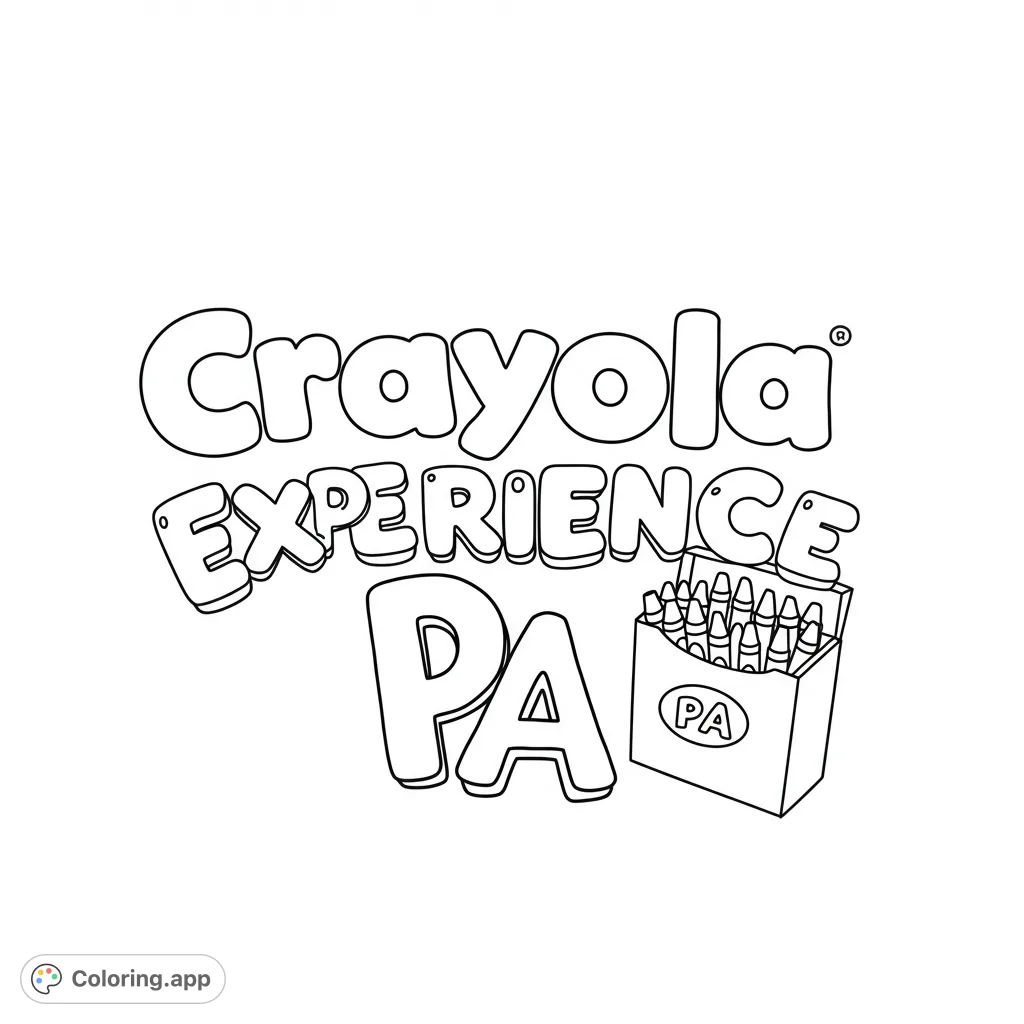 A fun, free printable Crayola Experience PA coloring page featuring bold letters and a classic crayon box, perfect for creative kids and adults.