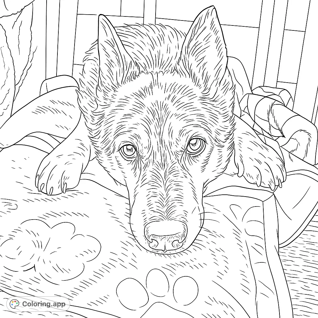 A heartwarming dog coloring page featuring a loyal canine resting on a cozy blanket, perfect for pet lovers. Free printable coloring page for all ages.