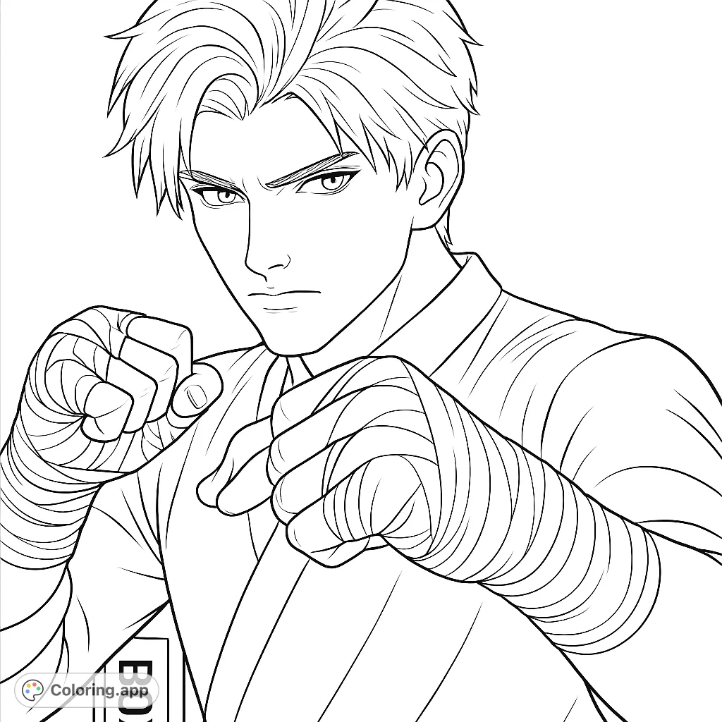 A powerful martial arts coloring page featuring a determined male character in a fighting stance with wrapped fists. Perfect for sports enthusiasts.