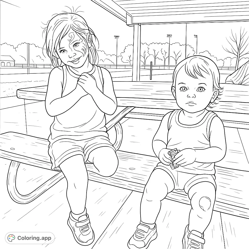 A heartwarming free printable coloring page featuring two children on a picnic bench, one with fun face paint, perfect for kids and adults.