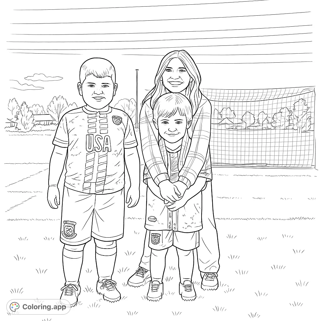 A heartwarming family soccer field coloring page featuring an adult and two boys, perfect for sports fans. Free printable coloring page for kids and adults.