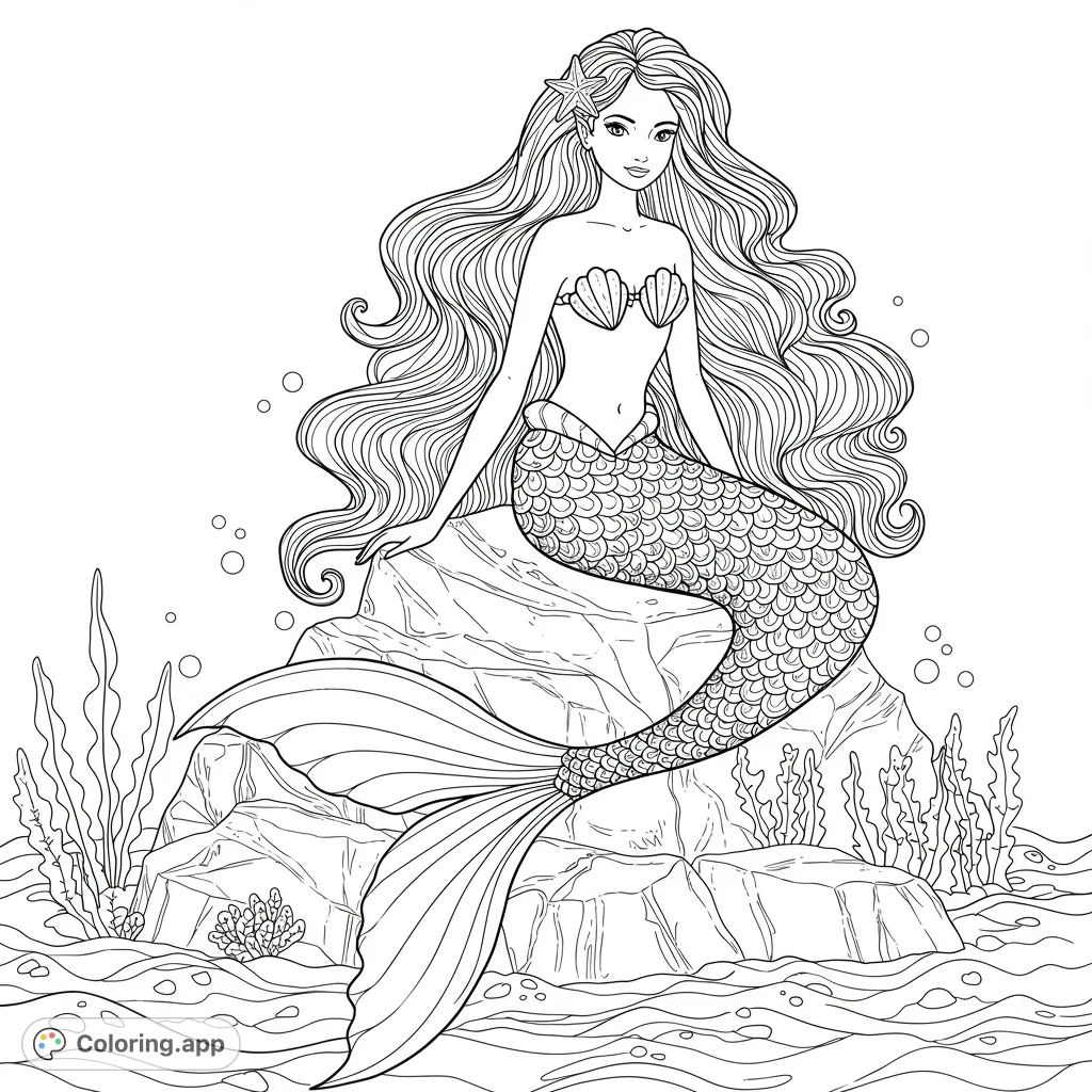 A beautiful mermaid with flowing hair and a scaled tail sits on an ocean rock, surrounded by seaweed and bubbles. Perfect for a magical mermaid coloring page.